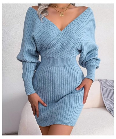 Women's Elegant V Neck Wrap Knit Dresses Batwing Sleeve Backless Slit Mini Dress Blue $16.00 Sweaters