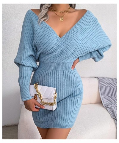 Women's Elegant V Neck Wrap Knit Dresses Batwing Sleeve Backless Slit Mini Dress Blue $16.00 Sweaters