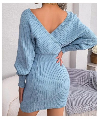 Women's Elegant V Neck Wrap Knit Dresses Batwing Sleeve Backless Slit Mini Dress Blue $16.00 Sweaters