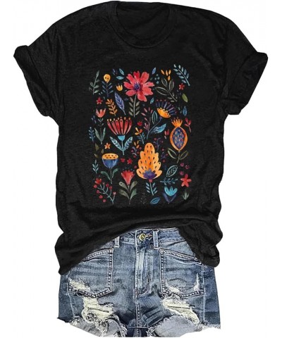 Women's Boho Flower T Shirt Vintage Flowers Printed Shirt Colorful Wildflower Graphic Tee Casual Botanical Short Sleeve Black...