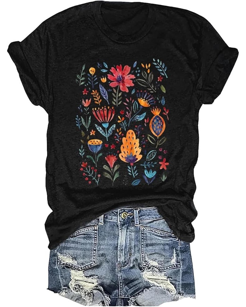Women's Boho Flower T Shirt Vintage Flowers Printed Shirt Colorful Wildflower Graphic Tee Casual Botanical Short Sleeve Black...