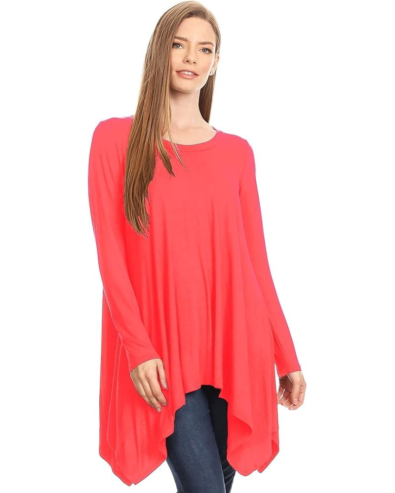 Women's Solid Casual Loose Fit Round Neck Long Sleeves Tunic Top Tee Dress/Made in USA Hdr00008 Coral $12.26 Tops