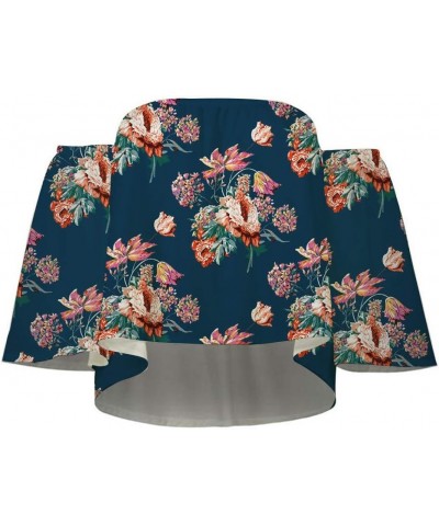 Women's Summer Off Shoulder Blouses Short Sleeves Sexy Tops Chiffon Ruffles Casual T Shirt Wi Blue Red Flower $14.39 Blouses