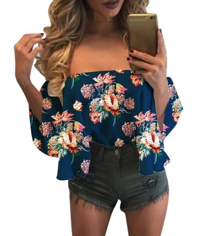 Women's Summer Off Shoulder Blouses Short Sleeves Sexy Tops Chiffon Ruffles Casual T Shirt Wi Blue Red Flower $14.39 Blouses