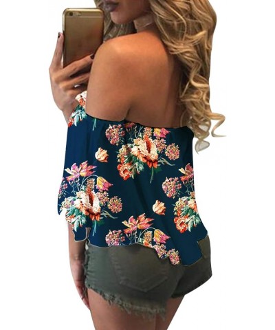 Women's Summer Off Shoulder Blouses Short Sleeves Sexy Tops Chiffon Ruffles Casual T Shirt Wi Blue Red Flower $14.39 Blouses