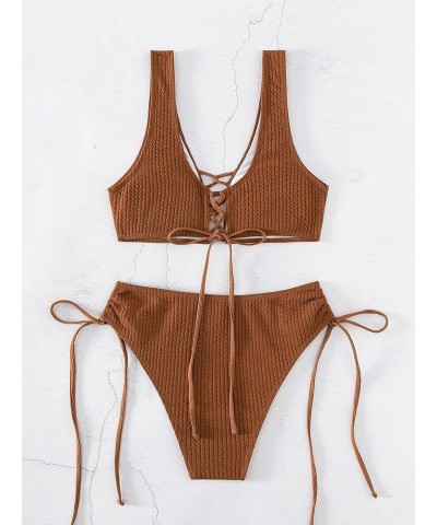 Women's 2 Piece Bathing Suits Textured High Waisted Bikini Set Plain Swimsuit A Brown $17.40 Swimsuits