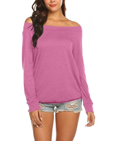 Women's Long Sleeve Boat Neck Off Shoulder Blouse Tops Hot Pink $12.58 Blouses