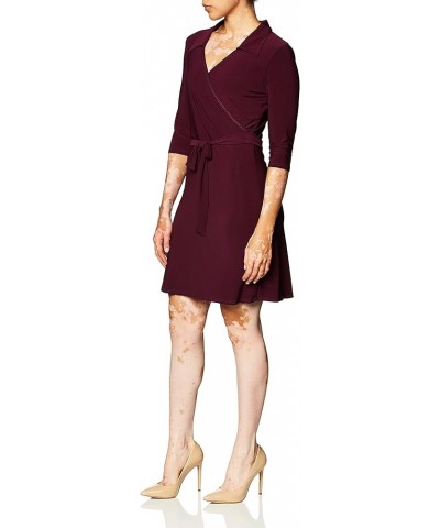Women's 3/4 Sleeve Faux Wrap Dress with Collar Purple $17.13 Dresses
