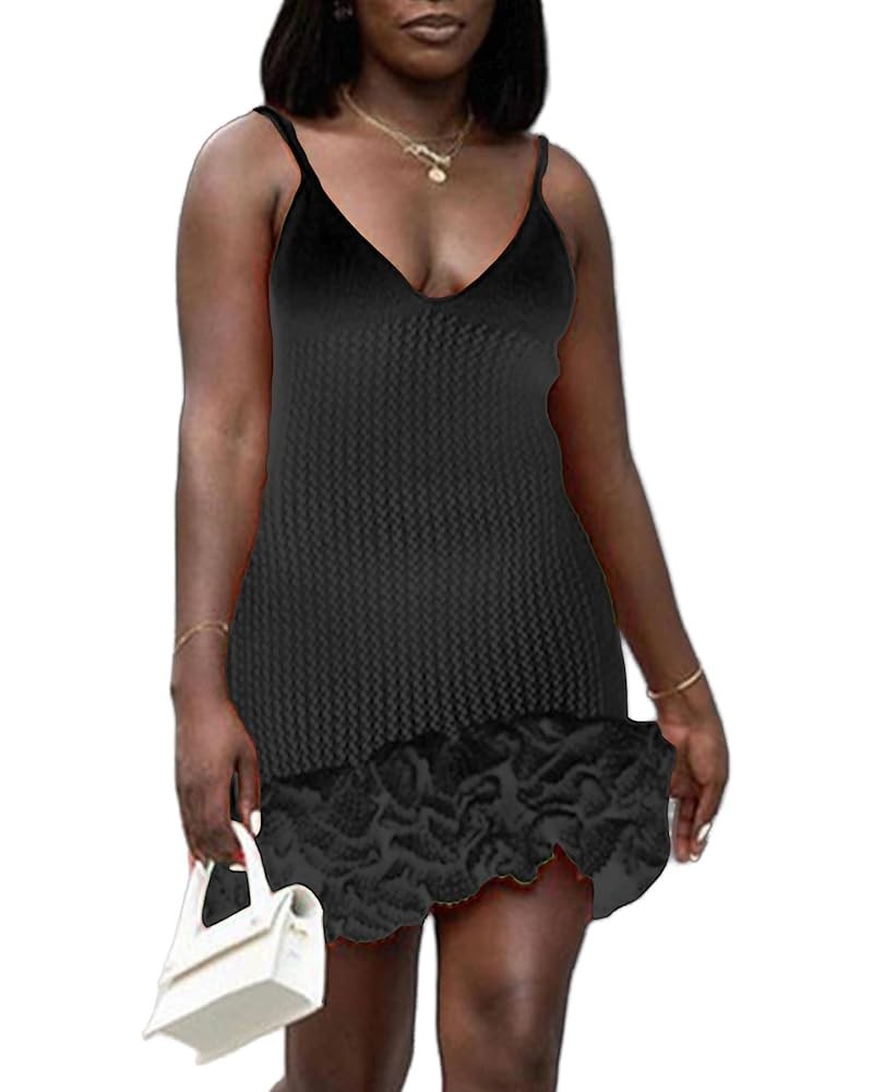 Women's Crochet V Neck Layer Ruffle Hem Sweater Dress Backless Bodycon Short Mini Knit Pullover Dresses 2black $18.35 Sweaters