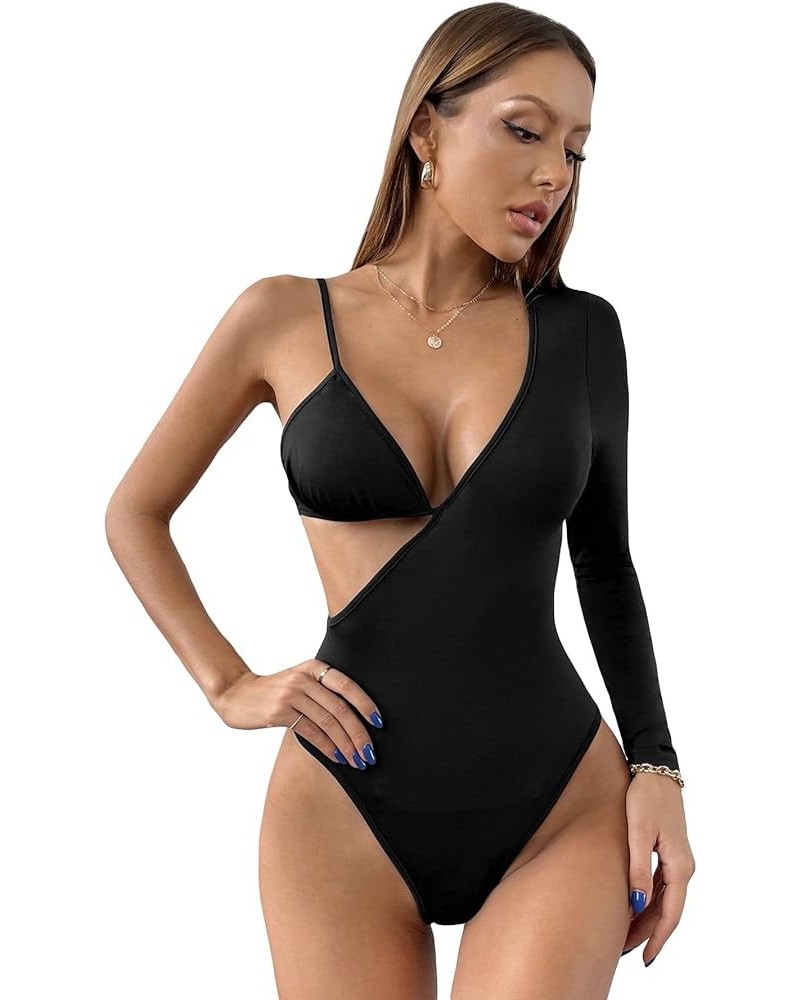 Women's One Shoulder Cut Out Tee Asymmetrical Long Sleeve Bodysuit Tops Black $11.44 Bodysuits