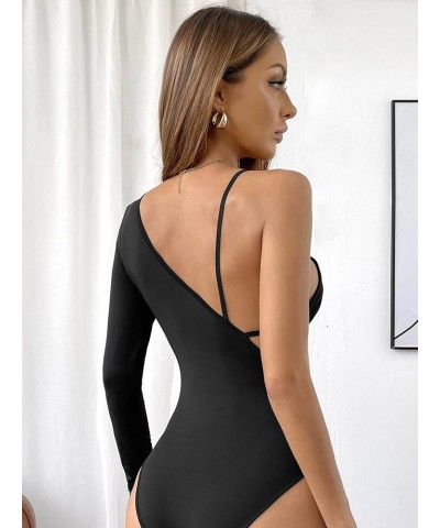 Women's One Shoulder Cut Out Tee Asymmetrical Long Sleeve Bodysuit Tops Black $11.44 Bodysuits