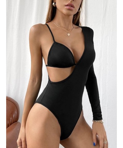 Women's One Shoulder Cut Out Tee Asymmetrical Long Sleeve Bodysuit Tops Black $11.44 Bodysuits
