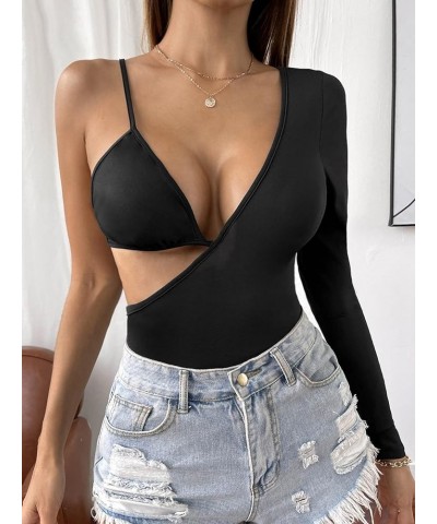 Women's One Shoulder Cut Out Tee Asymmetrical Long Sleeve Bodysuit Tops Black $11.44 Bodysuits